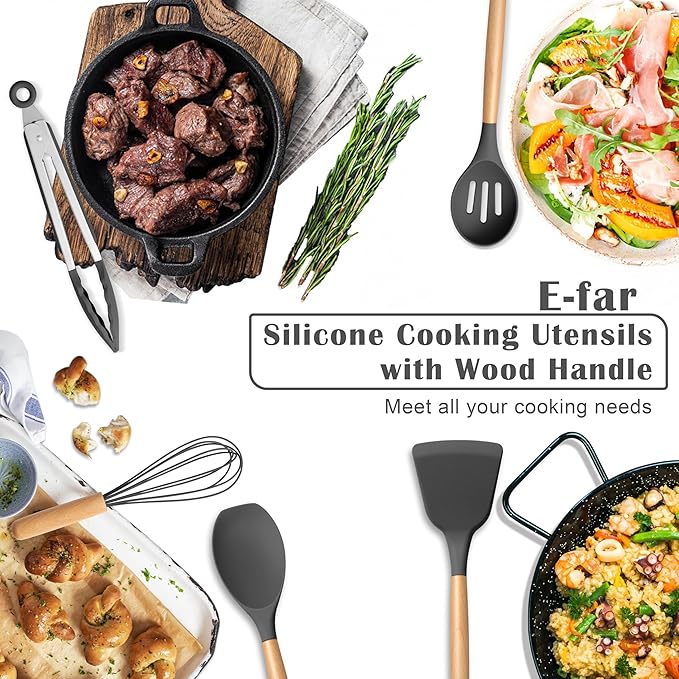 E-far Gray Silicone Cooking Utensils Set, 10-Piece Kitchen Utensils Set