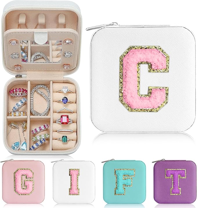 Parima Travel Essentials for Women Jewelry Box, Travel Accessories for Teen Girls Trendy Stuff | Necklace Organizer Earrings Organizer Ring Organizer - Letter C, White