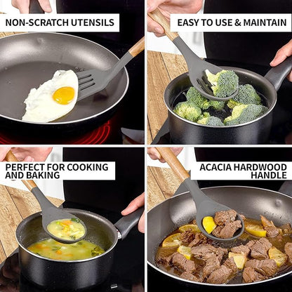 Zulay Kitchen Utensils Set Non-Stick Silicone Cooking Utensils Set with Authentic Acacia Wood Handles - 5 Piece Silicone Utensil Set - Kitchen Utensils Set with 464°F Heat Resistance - Gray