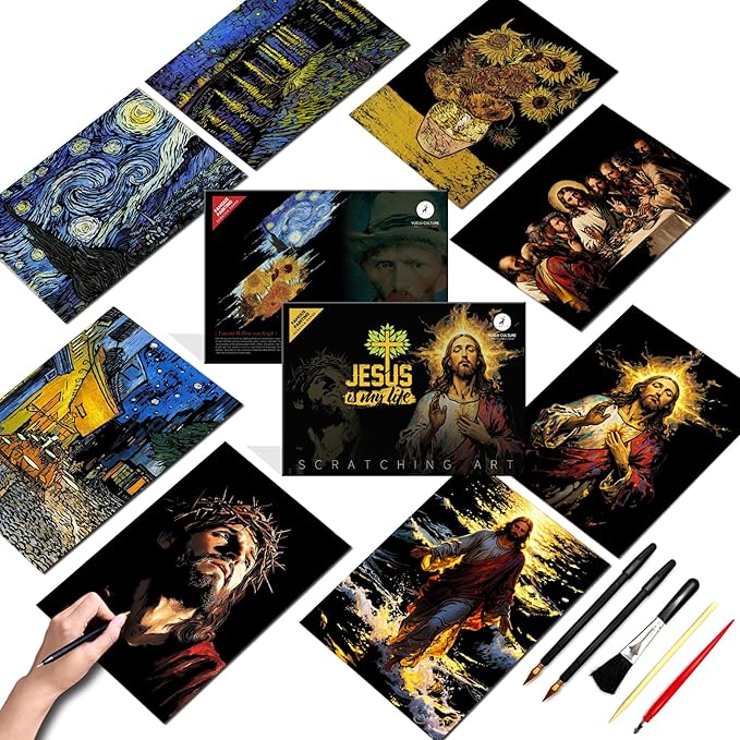 Scratch Paper Art for Adults-Scratch Painting Craft Kit (8 Sheets 16x11 in)|Foil Engraving Art Set|Stress Relief Gift for Travel Lovers,Craft Lovers|Creative Scratch Art Home Decor(Famous Painting)