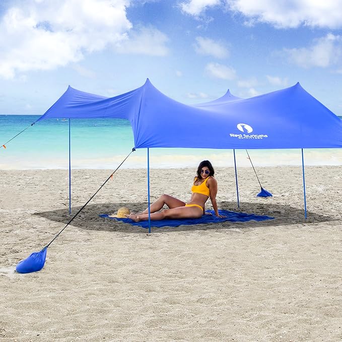 Red Suricata Family Beach Tent & Canopy, UPF50 Sun Shade, Sunshade With 4 Aluminum Poles, 4 Pole Anchors & Sand Shovel, Medium & Portable Sun Shelter Tarp (Medium, Blue)