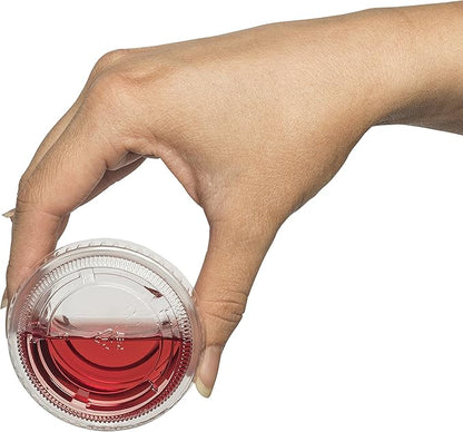 DuraHome Plastic Portion Cups with Lids 2 oz. Pack of 150 Leakproof Jello Shot Cup Mini Containers for Salad Dressing Sauce Condiment Snack Souffle and Salsa, Disposable