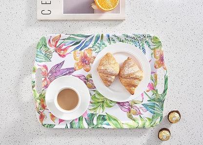 Blue Boat 16.5" x 11.5" Rectangular Serving Trays Set of 2 Floral, Light Weight Easy to Clean Sturdy Stackable Melamine Serving Tray with Handle, Fruit, Snacks, and Desserts Trays