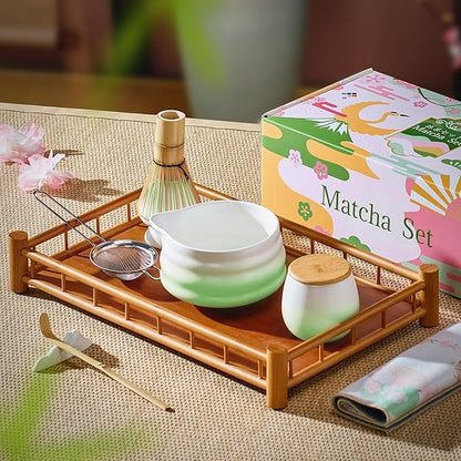 Matcha Whisk Set, Green Matcha Kit, 8 Pcs Matcha Set Includes Matcha Bowl with Spout, Matcha Whisk and Holder, Ceramic Tea Caddy, Bamboo Scoop, Scoop Rest, Sifter and Tea Towel, Gift for Tea Lover
