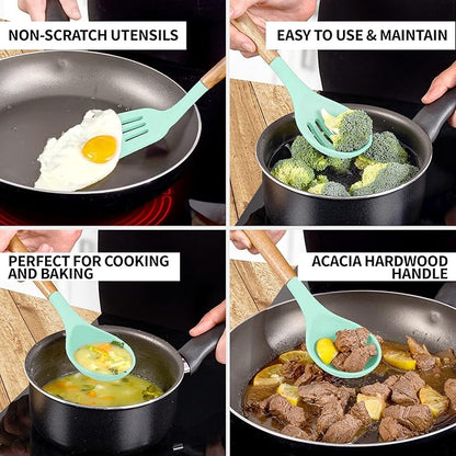 Zulay Kitchen Non-Stick Cooking Utensils Set with Authentic Acacia Wood Handles – 5-Piece Durable & Stylish Silicone Kitchen Utensils Set – Heat Resistant to 464°F – Aqua