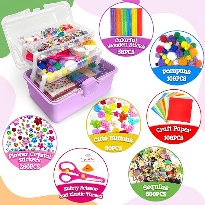 LINAYE 2500+PCS Arts and Crafts Supplies for Kids, DIY Craft Supplies Kit Box for Ages 6-8, Arts and Crafts Kit for Kids, Crafting Supply Set for Girls Boys Birthday Christmas Gifts, Purple