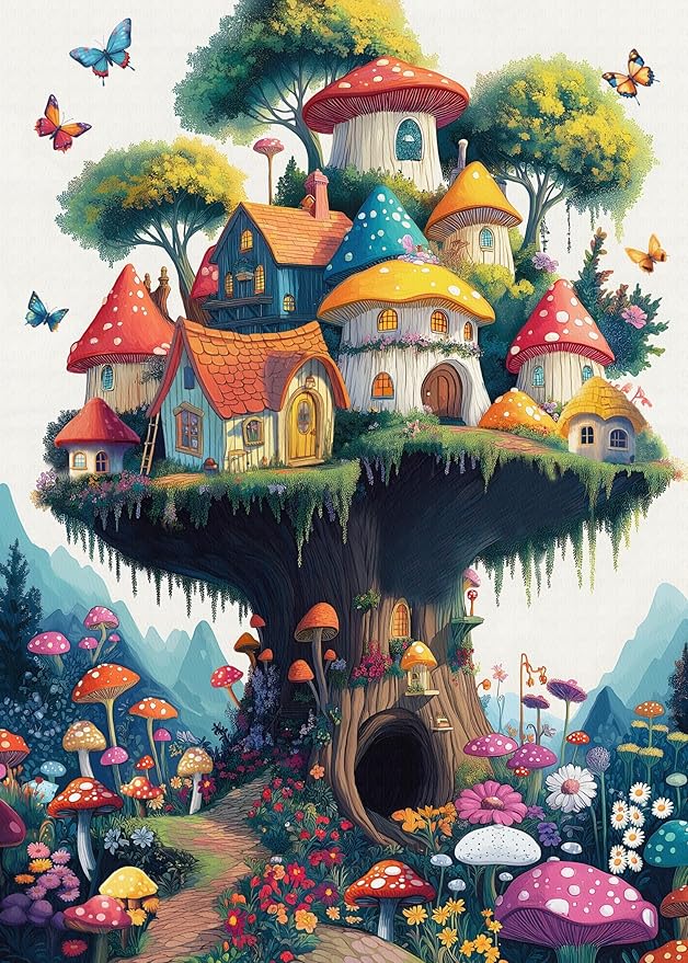 Mushroom Puzzles for Adults 1000 Pieces, Magic Mushroom Treehouse Puzzle Fantasy, Colorful Art Jigsaw Puzzle, Challenging Hard Puzzles for Adults