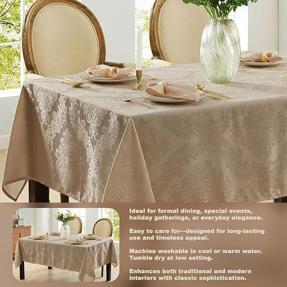 Newbridge Barcelona Luxury Damask Fabric Tablecloth, 60” Wide x 102” Rectangle, Golden Beige, 100% Polyester, No Iron, Soil Resistant Dining Room, Party and Banquet Table Cover