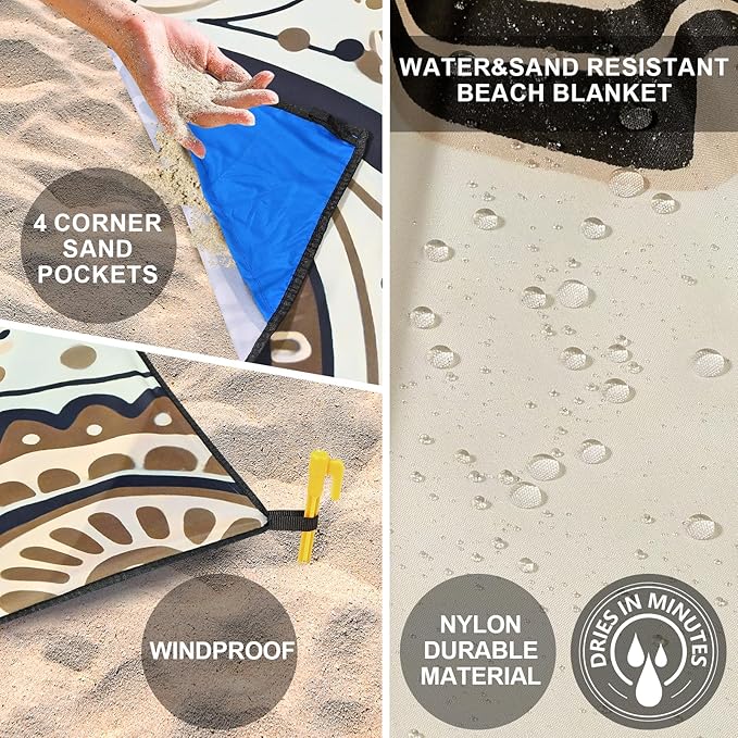 Beach Blanket Waterproof Sandproof Beach Mat 79" X 83"/10'x9'for 2-8 Adults Quick Drying Outdoor Picnic Mat Beach Accessories for Travel, Camping, Hiking