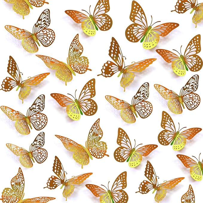 SAOROPEB 3D Butterfly Wall Decor - 48 Pcs, 4 Styles, 3 Sizes - Removable Gold Decorations for Birthday & Party Celebrations