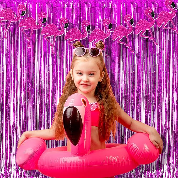 BRAVESHINE Hot Pink Tinsel Foil Fringe Curtains - 2Pcs 3.2x8.2ft Metallic Party Streamers Backdrop for Girl Birthdays Valentines Bridal Shower Bachelorette Hawaiian Luau Theme Party Decorations