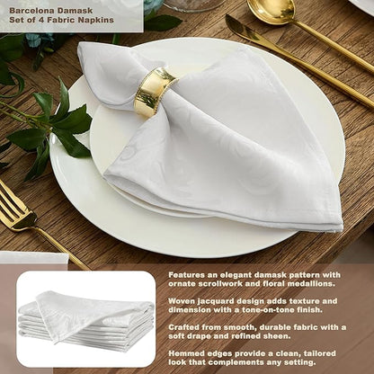 Newbridge Barcelona Luxury Damask Fabric Tablecloth, 108” Round, White, 100% Polyester, No Iron, Soil Resistant Dining Room, Party and Banquet Table Cover