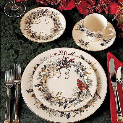 Lenox 185591602 Winter Greetings, Ivory Bone China, 5-Piece Place Setting, Christmas Dinnerware Set, Holiday Hosting