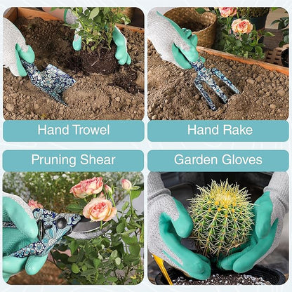 WORKPRO 5PCS Garden Tool Set, Aluminum Heavy Duty Gardening Tool Set with Garden Tool Bag, Outdoor Garden Hand Tools, Floral Blue