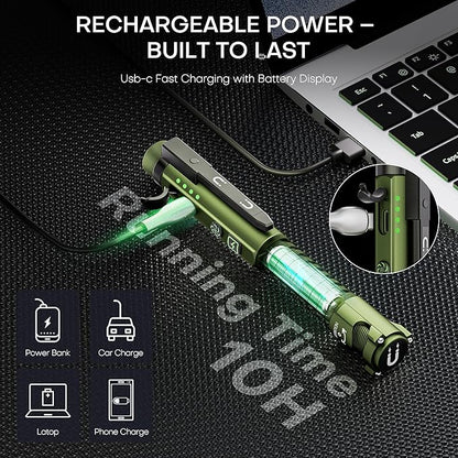 EDC Flashlight Rechargeable,800 Lumen Small Flashlight with Magnetic Clip & Base, 11 Modes LED Flashlight,Glass Breaker&Bottle Opener, USB-C Flashlight for Working,Home and Emergency