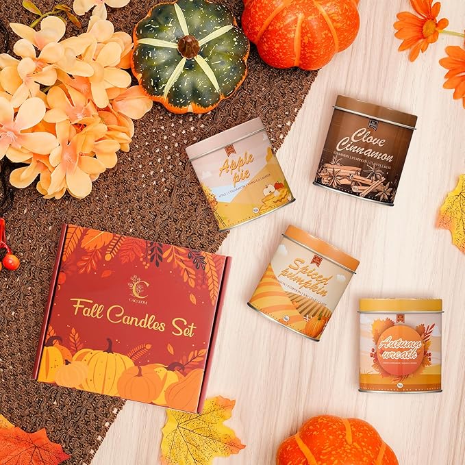 36oz Scented Fall Candles Set, 4Pack Aromatherapy Soy Wax Candles House Warming Halloween Birthday Gifts, Birthday Halloween Chirstmas Candles for Women Men 9oz Apple/Wreath/Cinnamon/Pumpkin Candle