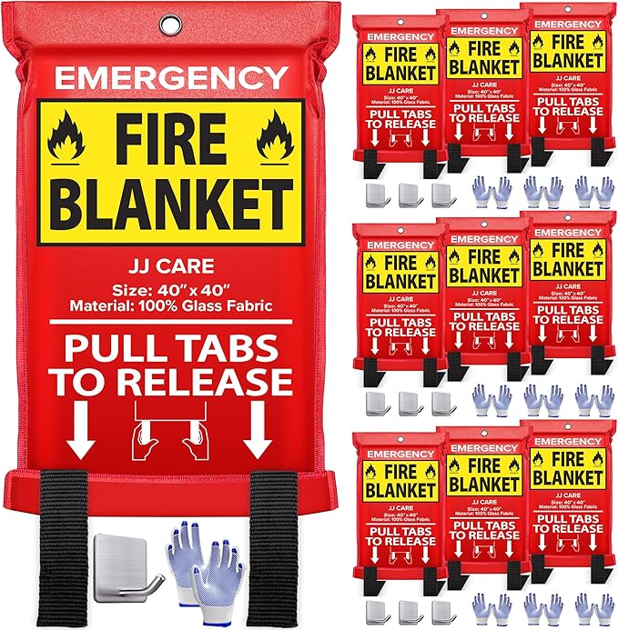 JJ CARE Fire Blanket ??10 Packs with Hooks and Gloves ??Emergency Fire Blanket for Home & Kitchen, High Heat Resistant Fire Suppression Blankets for Home Safety, Kitchen, and Camping
