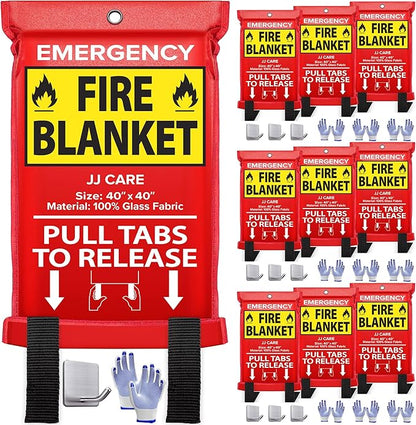 JJ CARE Fire Blanket ??10 Packs with Hooks and Gloves ??Emergency Fire Blanket for Home & Kitchen, High Heat Resistant Fire Suppression Blankets for Home Safety, Kitchen, and Camping