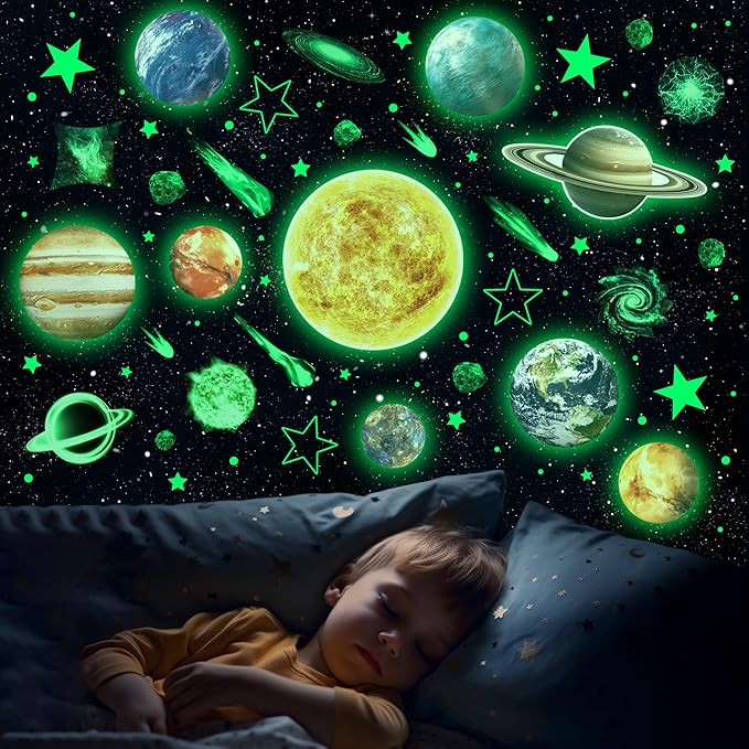 Glow in The Dark Stars and Planets for Ceiling, Robmoda Glow Solar System Wall Stickers, Space Wall Decals for Kids Boys Room (Green)