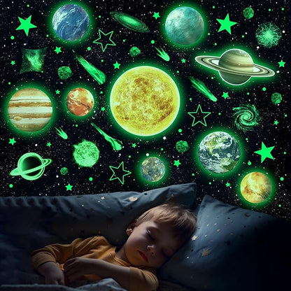 Glow in The Dark Stars and Planets for Ceiling, Robmoda Glow Solar System Wall Stickers, Space Wall Decals for Kids Boys Room (Green)