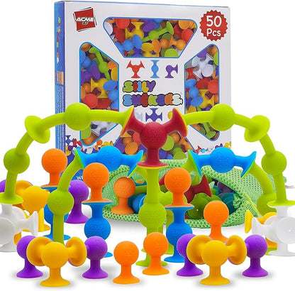 ACME CO 50 Pcs Baby Suction Bath Toys - Fun Squigz, Toddler Sensory & Interactive Building Toys, Montessori Stocking Stuffers