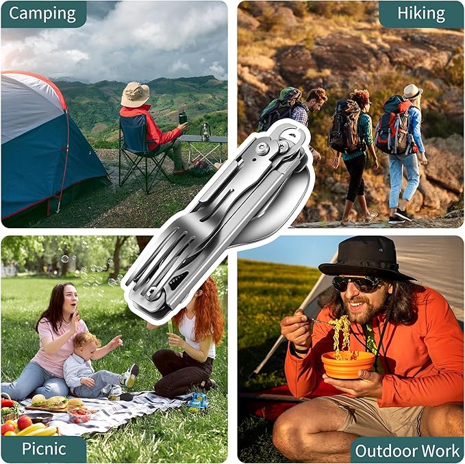 Camping Utensils, 6-In-1 Detachable Stainless Steel Camping Flatware Multi-tool kits with Spoon Fork Knife Corkscrew Bottle&Can Opener, Folding Portable Cutlery Set for Travel Hiking Picnic