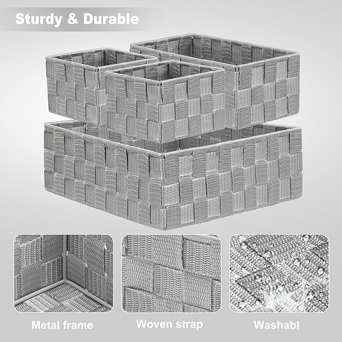 Posprica Drawer Organizer Bins, Woven Strap Storage Box Cube Basket Containers