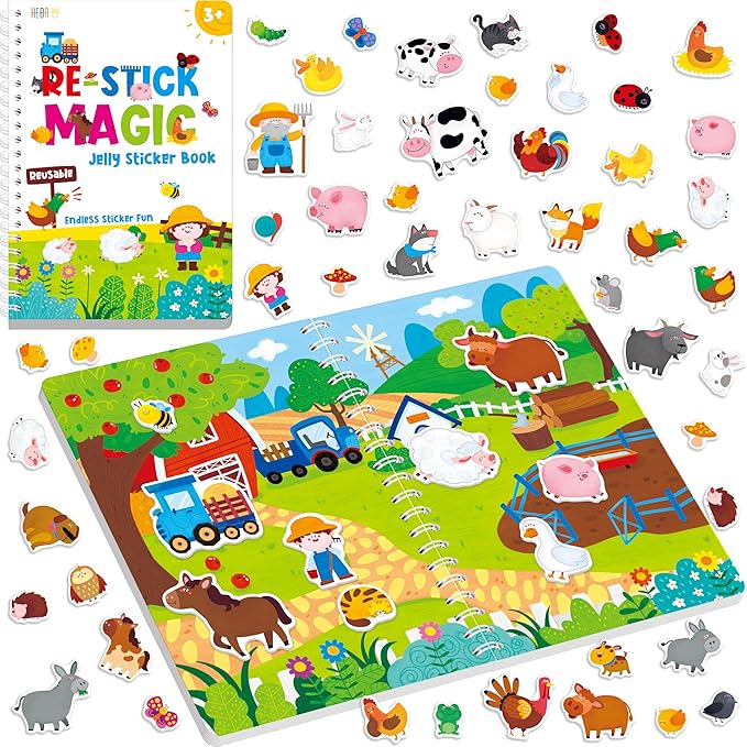 Reusable Jelly Sticker Book, 58 Farm Animals Thick Jelly Stickers Waterproof Gel Cling Decals Farm Themed Busy Book Hands-on Activity Travel Game Educational Learning Toys for Toddlers, Kids