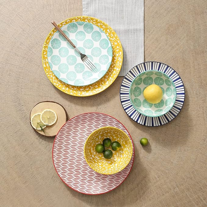 Selamica Ceramic Dinnerware Sets, 12-Pieces Plates and Bowls Sets, Scratch Resistant Dishes set for 4, Dishwasher & Microwave Safe, Assorted Colors