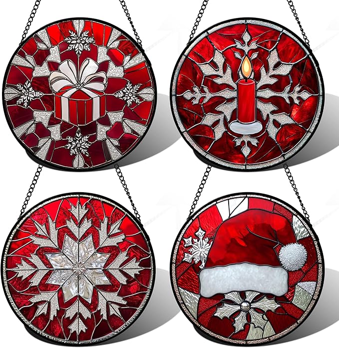 DASTOLL Stained Glass Window Hanging 4 Pcs Set Red Christmas Decorations Theme