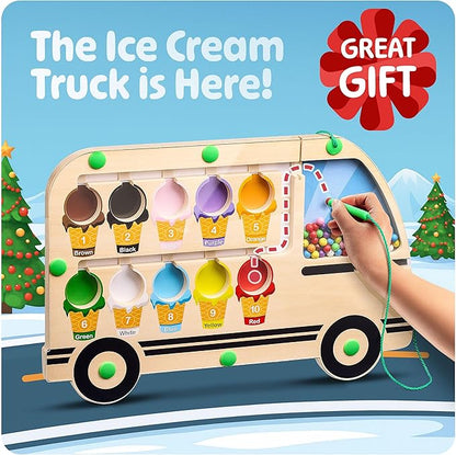 Super Fun Ice Cream Truck Magnetic Color & Number Maze Adventure Toy - For Toddlers and Kids - Montessori Puzzle Board for 1-10 Counting and 10 Color Matching/Sorting - Improve Child's Motor Skills