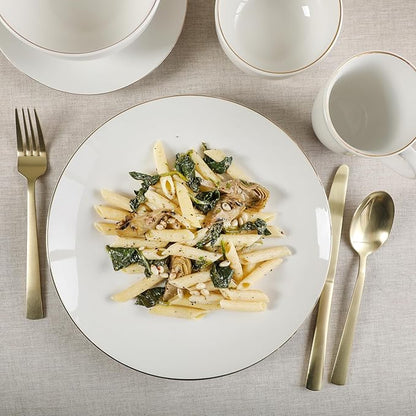 Gibson Home Ogalla 30 Piece Plates, Bowls, & Mugs Dinnerware Set - Service for 6 - White Porcelain W/Gold Band