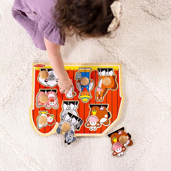 Melissa & Doug Farm Animals Jumbo Knob Puzzle, Wooden Peg Puzzle for Toddlers, Educational Toy for Shape Recognition and Fine Motor Skills, Ages 1+