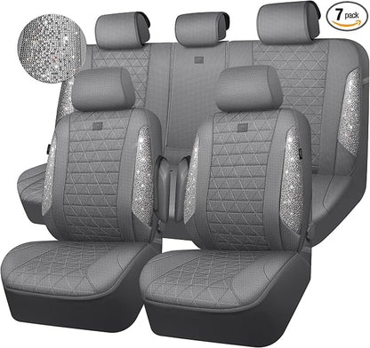 CAR PASS Gray Oxford Bling Diamond Car Seat Covers Full Set Interior Sets, Waterproof Shining Glitter Sparkly Crystal Universal Armrest Fit 95% Automotive Truck SUV Cute Women Girl, Gray Rhinestone