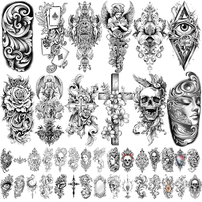 47 Sheets Baroque Temporary Tattoo for Women Men, 17 Sheets Half Arm Large Cross Skull Poker Angels Fake Tattoos, 30 Sheets Lion Flowers Tiny for Adult Kids Body Tattoos Stickers Realistic