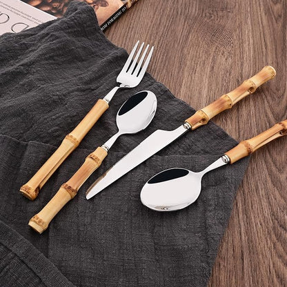 50PCS Silverware Set for 10, Bamboo Handle Flatware Set, Stainless Steel Cutlery Set for Home Restaurant and Party, Bamboo Forks Spoons and Knives Set, Polished Tableware