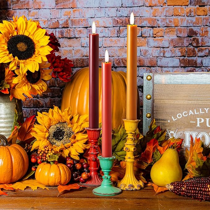 Fall Flameless Taper Candles with Remote and Timer, 10" 6pk LED Candlesticks, Battery Operated Thanksgiving Candles with 3D Flickering Flame, Bordeaux, Terra Cotta & Caramel (Autumn Harvest)