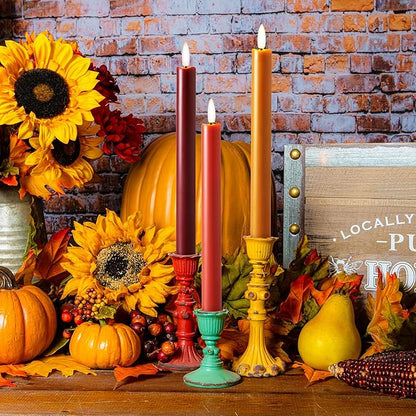 Fall Flameless Taper Candles with Remote and Timer, 10" 6pk LED Candlesticks, Battery Operated Thanksgiving Candles with 3D Flickering Flame, Bordeaux, Terra Cotta & Caramel (Autumn Harvest)