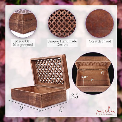 Mela Artisans Wooden Keepsake Box | Medium Polish Mango Wood Memory & Photo Storage Box with Hinged Lid | Decorative Storage Box | Large | 9x6x3.5 Inch