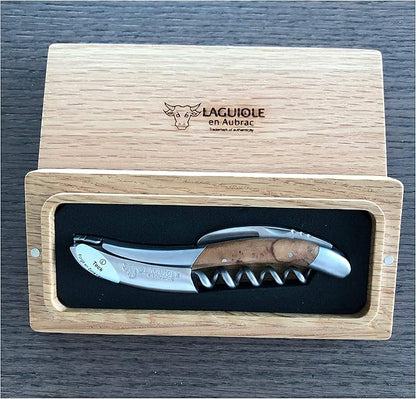 Laguiole En Aubrac Sommelier Waiter's Corkscrew, Teak Burl Wood Handle, Wine Opener With Foil Cutter & Bottle Opener, Stainless Steel Brushed Bolsters…