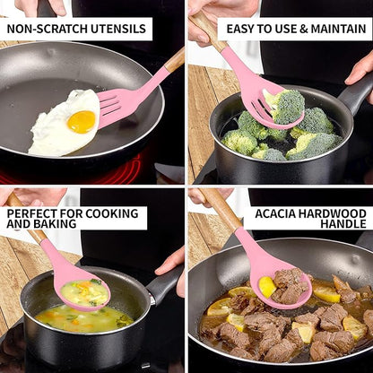 Zulay Kitchen Non-Stick Cooking Utensils Set with Authentic Acacia Wood Handles – 5-Piece Durable & Stylish Silicone Kitchen Utensils Set – Heat Resistant to 464°F – Pink