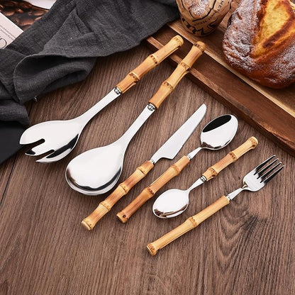 Bamboo Silverware Set, 24-Piece Natural Bamboo Flatware Cutlery with Stainless Steel Silver Head, Includes Knife, Fork, Spoon for Daily Use and Party, Reusable