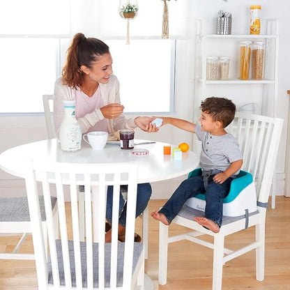 Ingenuity SmartClean Toddler Booster Seat for Dining Table with 3-Point Harness Straps, Peacock Blue