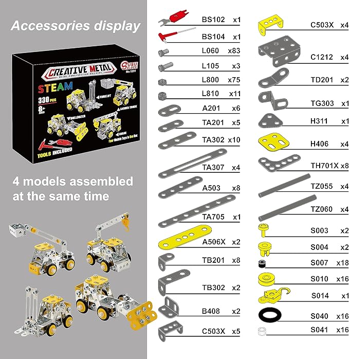 Erector Set for Boys Age 8-12,4 Mini Metal Model Set for Kids,Engineering Metal Building Kit,Learning Construction Truck Building Toys for Boys Age 8-12 DIY STEM Educational Gifts (330pcs)