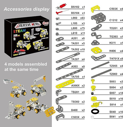 Erector Set for Boys Age 8-12,4 Mini Metal Model Set for Kids,Engineering Metal Building Kit,Learning Construction Truck Building Toys for Boys Age 8-12 DIY STEM Educational Gifts (330pcs)