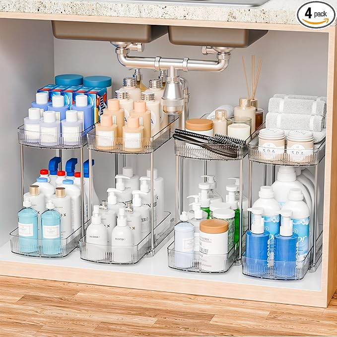 4 Pack Large Pull Out Bathroom Organizers and Storage, 2 Tier 12.8″ Tall