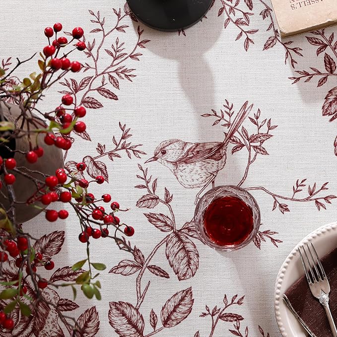 ISAENNE Designer Vintage Linen Small Rectangular Tablecloth,Red Floral Pattern Linen Stain Resistant Table Cloth,Decor Tablecloths for Dining Thanksgiving Kitchen Tea Party,55"*71"-Harmony