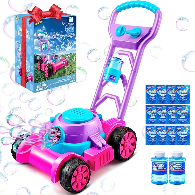 SLOOSH Bubble Lawn Mower Toddler Toys - Kids Bubble Machine Summer Outdoor Push Toy Games, Backyard Garden Outside Play Toddlers Preschool Boys Girls Birthday Gifts (Pink)