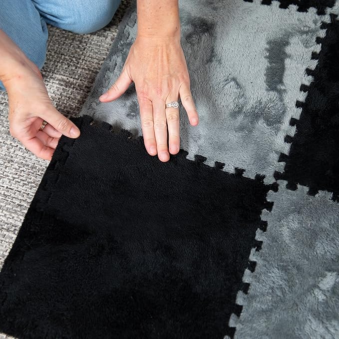 16 Piece Carpet Squares Puzzle Mat 49" x 49" Plush Interlocking Carpet Tiles, Foam Floor Tiles for Baby Play Mat - Kids Soft Play Floor Mats, Anti Slip Jigsaw Flooring Playmat Playroom Rug (Black)
