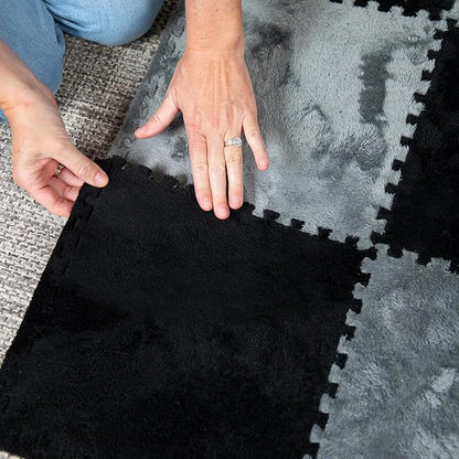 16 Piece Carpet Squares Puzzle Mat 49" x 49" Plush Interlocking Carpet Tiles, Foam Floor Tiles for Baby Play Mat - Kids Soft Play Floor Mats, Anti Slip Jigsaw Flooring Playmat Playroom Rug (Black)